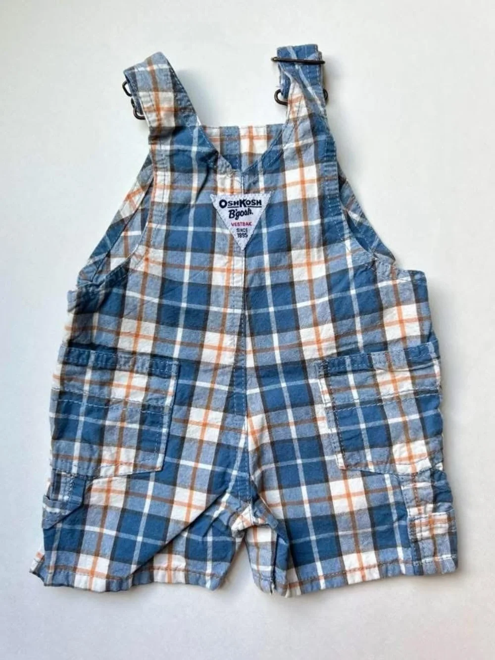 OshKosh B'gosh Blue and White Plaid Short Overalls with Orange Accents